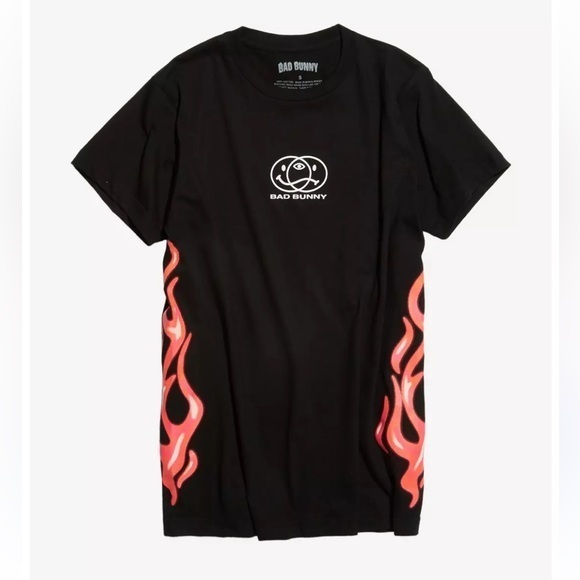 Hot Topic Bad Bunny Smileys Pink Flames T-Shirt Tee Top Rockabilly Black Pink S - Picture 1 of 6